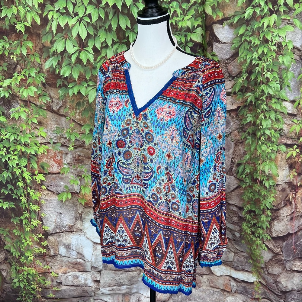 SOFT SURROUNDINGS Turquoise Coastal Cowgirl Flowy Semi-Sheer Chiffon Top, M - Picture 5 of 12